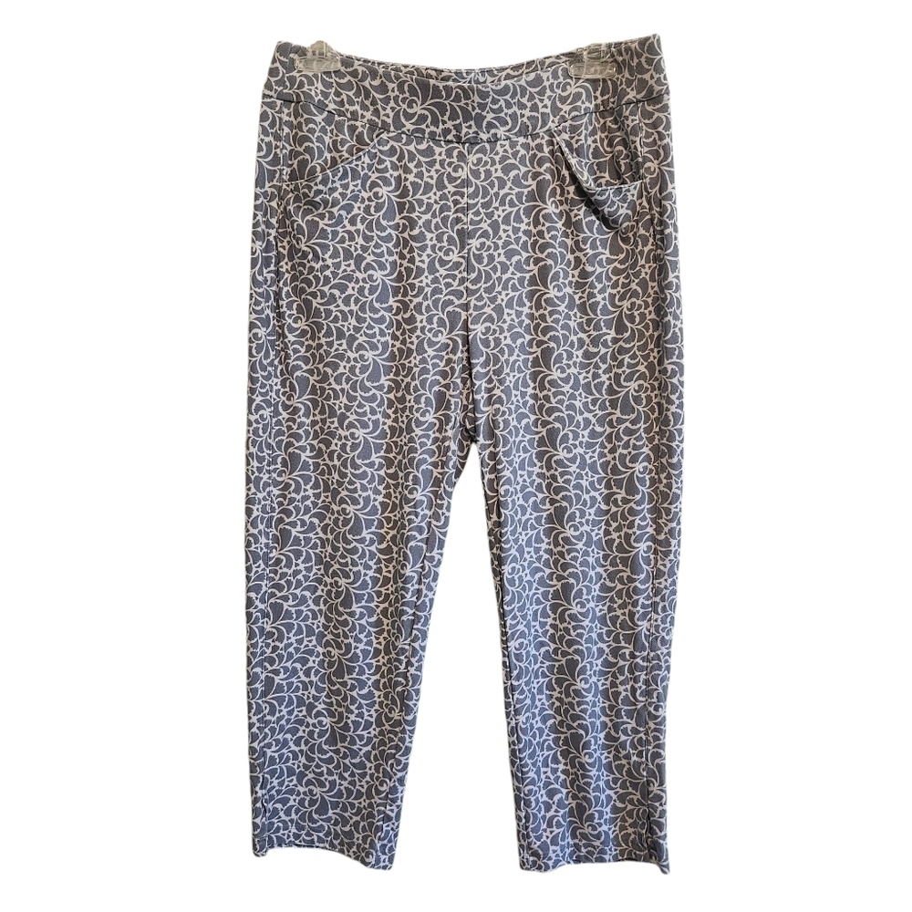 CHICO'S TRAVELERS PANTS WOMENS 6 US SIZE 0.5 GRAY WHITE FLORAL PRINT CROP ANKLE.